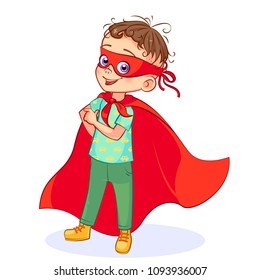 Playful smiling boy in Super hero costume with a mask on his face and red cloak. Children's emotions and poses. Colorful vector Super boy character isolated on white background.