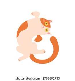 Playful smiling cartoon golden british cat, isolated on white background. Joyful funny pet, top view. Vector cartoon illustration.