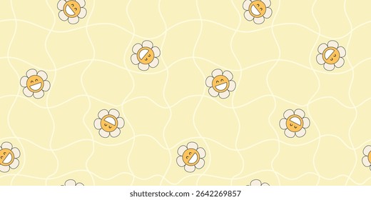 Playful smiling flower pattern with emotions. Seamless hand-drawn floral design with cartoon aesthetics. Great for kid-friendly spring and summer visuals or retro branding