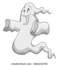 Playful and smiling ghost, floating and looking for mischievous pranks, isolated over white background