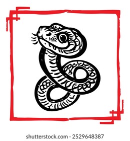 Playful snake zodiac for Chinese New Year 2025. Hand-drawn black serpent in red frame, combining traditional symbolism with modern flair. Festive lunar year design. Stylized serpent for lunar new year