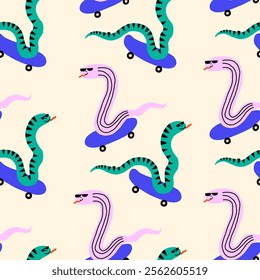 Playful snakes riding skateboards in a vibrant pattern. Snake symbol of the year. Vector hand drawn bold illustration