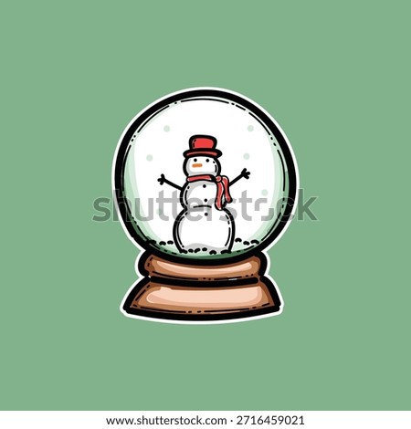 Playful snow globe illustration featuring a cheerful snowman inside a glass dome, with a wooden pedestal and falling snow. Ideal for holiday greetings, winter scenes, and festive product listings. Merry christmas theme