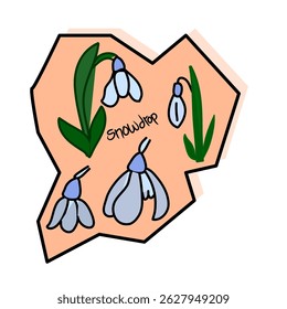 Playful Snowdrop Art , Minimalist Flower Doodle on Peach Background
