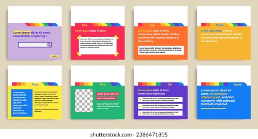 Playful social media post banner layout template pack in colorful background with folder, paper index elements. Vector design illustration