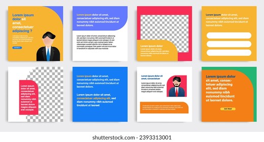 Playful social media post banner layout template pack in colorful background and shape elements. For ads, promotion, branding, sharing knowledge, microblog, tips and educate. Vector illustration