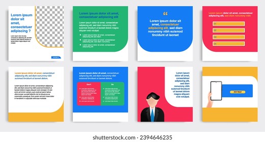 Playful social media post banner layout template pack in colorful background and shape elements. For ads, promotion, branding, sharing knowledge, microblog, tips and educate. Vector illustration