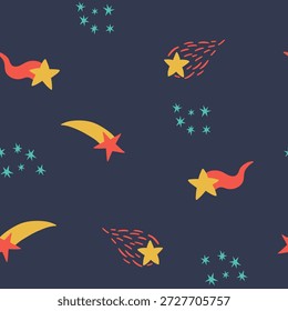Padrão de espaço lúdico com estrelas cadentes desenhadas à mão, cometas e minúsculos brilhos em um fundo de céu escuro à noite. Um design divertido e acolhedor para crianças têxteis, decoração de berçário, papel de embrulho, projetos criativos