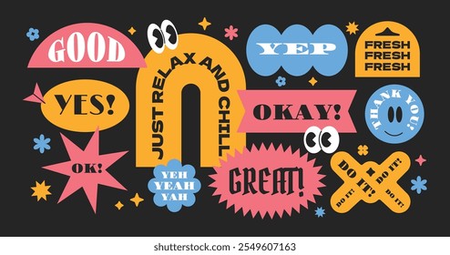 Playful speech bubble stickers collection. Colorful cartoon hipster label, tag, sticker.