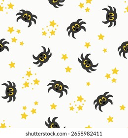 Playful Spider and Star Cartoon Pattern. Design for fabric, textile, wallpaper, packaging	