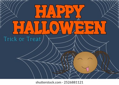 A playful spider with web and Halloween text. Perfect for Halloween-themed posters, party invitations, and fun decorations.
