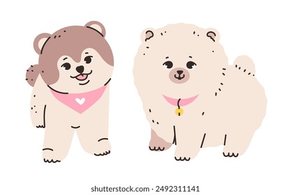 Playful spitz with its characteristic fluffy fur and alert expression. Dog isolated on a white background. Flat vector illustration.