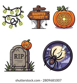 Playful spooky Halloween illustration set featuring a haunted forest sign, glowing ghost string lights, pumpkin maze and jack o lantern, cracked tombstone marked RIP, and a spider against a full moon.