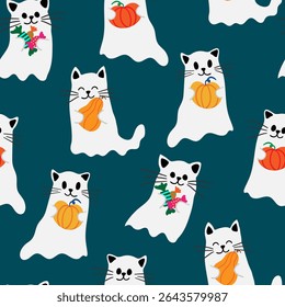 playful spooky season emerald background featuring adorable cat ghosts and autumn treats ideal for children's textiles and party invitations