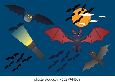 A playful and spooky set of Halloween bats flying at night with the moon and flashlight. Perfect for Halloween decorations and designs.