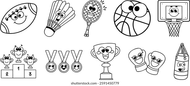 Playful sports equipment illustrations featuring happy balls, rackets, trophies, medals, and boxing gear