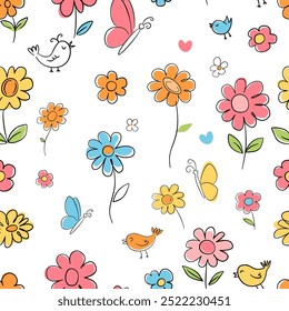 Patrón de primavera juguetón con flores, pájaros y mariposas