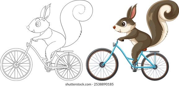 A playful squirrel cycling on a blue bike