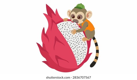 Playful Squirrel Monkey Eating Giant Dragon Fruit