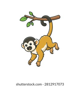 A playful squirrel monkey hanging from a branch in a vector style.