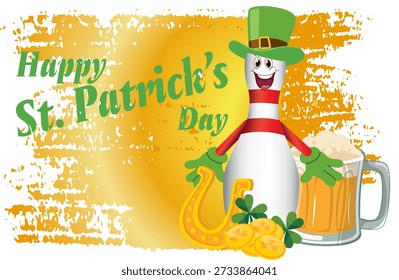 A playful St. Patrick’s Day illustration featuring a bowling pin dressed as a leprechaun, surrounded by shamrocks and gold coins. Perfect for festive designs.