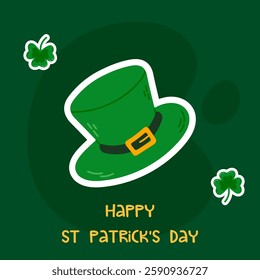 Playful St. Patrick's Day card showcasing a leprechaun hat surrounded by shamrocks on a dark green background. Perfect for sending festive greetings and good luck wishes.