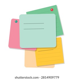A playful stack of pastel note cards with lined writing areas and round pin spots, rendered in clean flat shades. Creates cheerful focus for labeling, planning, and organization themes.