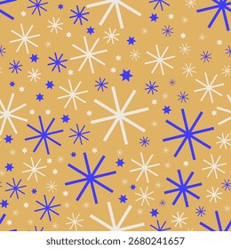 Playful star seamless holiday pattern with blue and white stars and snowflakes on a golden background