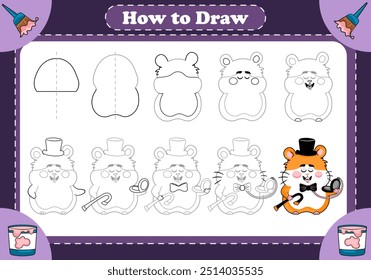 Um tutorial passo-a-passo divertido para crianças sobre como desenhar um cavalheiro hamster encantador vestindo um chapéu superior e olhando para um relógio de bolso. Esta planilha imprimível é perfeita para jovens artistas 