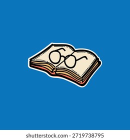 Um adesivo brincalhão com um livro aberto e óculos redondos em um fundo azul vívido. Ele evoca leitura, estudo, aprendizagem e educação, ideais para alfabetização, bibliotecas e conteúdo acadêmico. Ilustração do dia da alfabetização