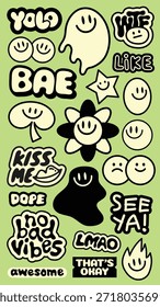 Playful sticker set with smiley faces, stars, and phrases like 'YOLO', 'BAE', and 'no bad vibes'. Fun and expressive design with smiley faces. Colorful sticker doodle vector.
