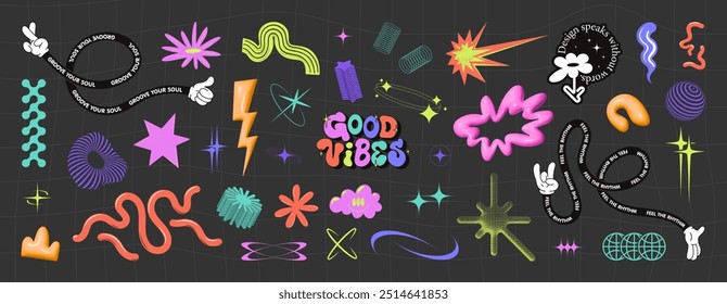 Playful stickers with lettering, groovy and funky elements, retro graphic box. Various bright elements in retro style cartoon and 3D shapes. Trendy groovy and memphis elements. Vector graphic set