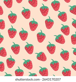 Playful strawberry pattern with red berries on a light cream background. Great for children's products, packaging, and sweet summer-themed designs