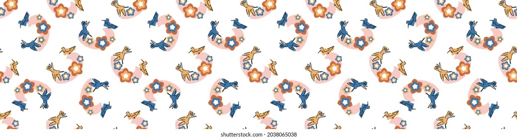 Playful style cut out humming bird border. Seamless modern scandi collage style edging for retro kids trim. Trendy whimsical kid animal stationery header. Repeatable vector stripe.