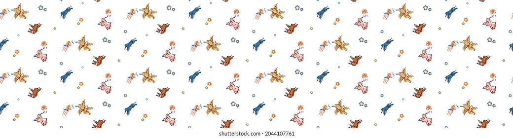 Playful style cut out humming bird border. Seamless modern scandi collage style edging for retro kids trim. Trendy whimsical kid animal stationery header. Repeatable vector stripe.