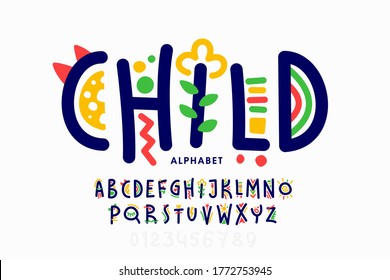 Playful style font design, childish alphabet letters and numbers vector illustration