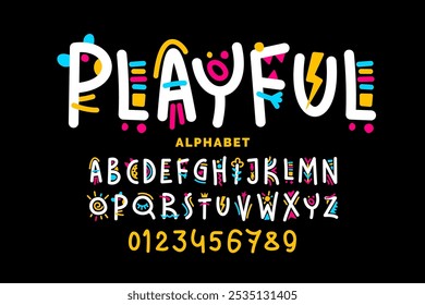 Design de fonte estilo brincalhão, letras alfabeto infantil e números ilustração vetorial