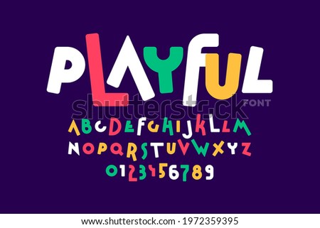 Playful style font design, colorful childish alphabet, letters and numbers vector illustration