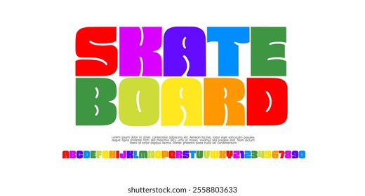 Playful style font design, kids alphabet, letters and numbers vector illustration, full colour, bubble font, skateboard, logotype 