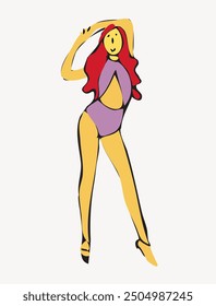 A playful and stylish illustration of a woman in a vibrant purple swimsuit, striking a dynamic pose. The woman exudes confidence and energy as she dances or poses gracefully. The simple yet expressive