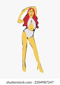 A playful and stylish illustration of a woman in a vibrant purple swimsuit, striking a dynamic pose. The woman exudes confidence and energy as she dances or poses gracefully. The simple yet expressive