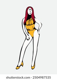 A playful and stylish illustration of a woman in a vibrant yellow swimsuit, striking a dynamic pose. The woman exudes confidence and energy as she dances or poses gracefully.