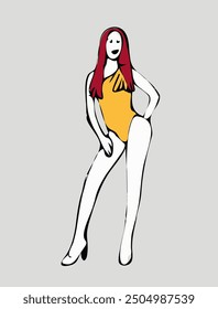 A playful and stylish illustration of a woman in a vibrant yellow swimsuit, striking a dynamic pose. The woman exudes confidence and energy as she dances or poses gracefully.