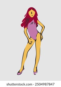 A playful and stylish illustration of a woman in a vibrant purple swimsuit, striking a dynamic pose. The woman exudes confidence and energy as she dances or poses gracefully.