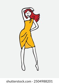 A playful and stylish illustration of a woman in a vibrant yellow dress, striking a dynamic pose. The woman exudes confidence and energy as she dances or poses gracefully.