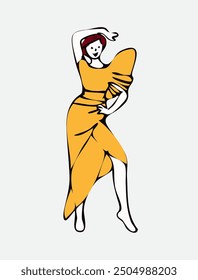 A playful and stylish illustration of a woman in a vibrant yellow dress, striking a dynamic pose. The woman exudes confidence and energy as she dances or poses gracefully.