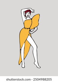 A playful and stylish illustration of a woman in a vibrant yellow dress, striking a dynamic pose. The woman exudes confidence and energy as she dances or poses gracefully.