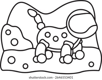 A playful, stylized line drawing of a cartoon dog dressed as an astronaut, exploring a rocky, cratered alien landscape. The simple, bold outline art is isolated on a clean white background.