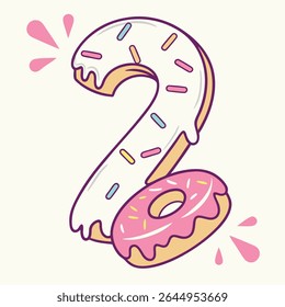 Playful número dois estilizado é projetado com formas de rosquinha, apresentando branco cremoso e vibrante esmalte rosa, acentuado por polvilhos coloridos, contra um pano de fundo macio.