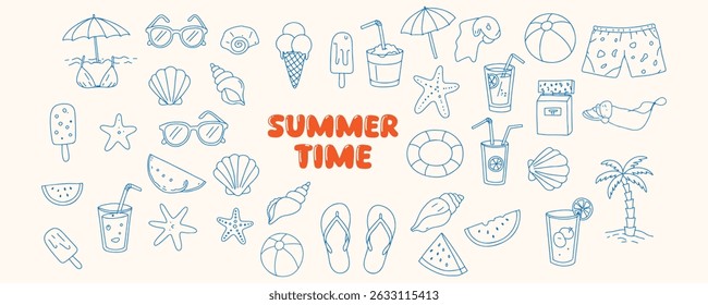 Playful Summer Beach Doodle Vector Icons Set with Tropical Elements, Ice Cream, Sun, Drinks, Sunglasses, and Sea Life for Vacation Designs

